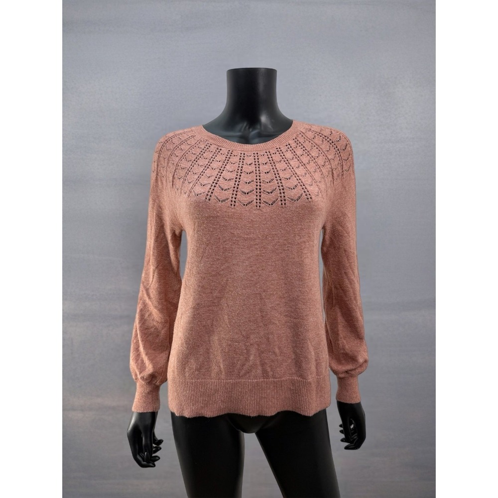 LOFT Pointelle Yoke Sweater Women's M Blush Pink Wool‎ Blend Soft Knit Pullover